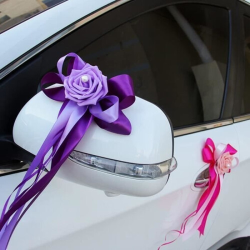 Σετ 6 διακοσμήσεων για γαμήλια αυτοκίνητα - φιόγκοι και προσομοιωμένα λουλούδια 2