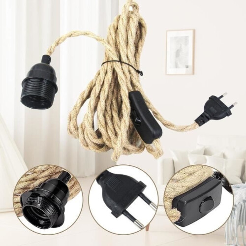 Hemp Rope Chandelier Cable 4.5m, Socket Switch with Wire Cable Bulb, DIY Pendant Light Creative Lamp 1