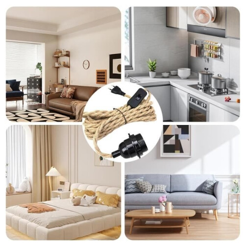 Hemp Rope Chandelier Cable 4.5m, Socket Switch with Wire Cable Bulb, DIY Pendant Light Creative Lamp 2