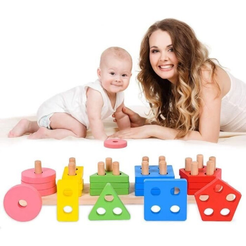 Wooden Toys Shape Sorting Stacking Color Sorting Game, Montessori Toy Educational Learning Development Toy 1