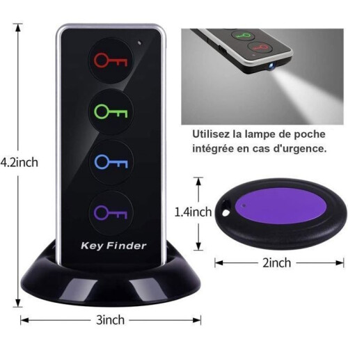 Key finder, 80 dB Wireless RF with a working range of 39.6 m, remote control with LED flashlight, base stand 1