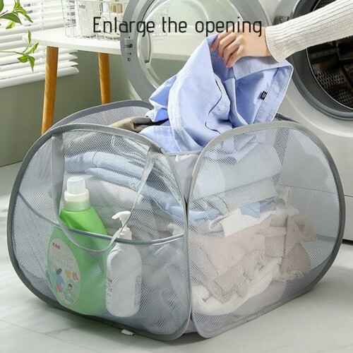 Kitchen Gadgets Clearance Mesh Laundry Basket, wide opening with side pockets, breathable and sturdy, foldable 2