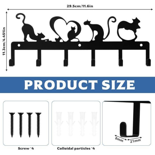 Cat Wall-Mounted Key Holder, 6 Black Hooks, Decorative, for Entryway, Kitchen, Office, Bathroom, Storage 1