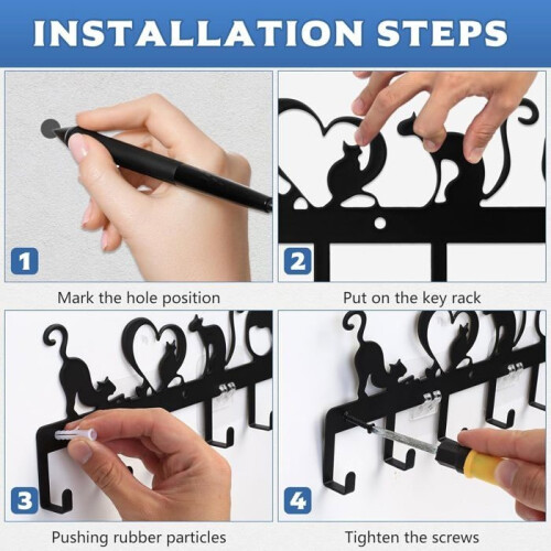 Cat Wall-Mounted Key Holder, 6 Black Hooks, Decorative, for Entryway, Kitchen, Office, Bathroom, Storage 2