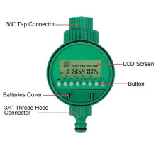 Digital Watering Timer, Automatic Irrigation, 3-4" 19mm, Automatic Timer with LCD Screen, 1 min - 9 h 59 min for Garden