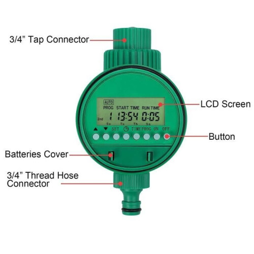 Digital Watering Timer, Automatic Irrigation, 3-4" 19mm, Automatic Timer with LCD Screen, 1 min - 9 h 59 min for Garden
