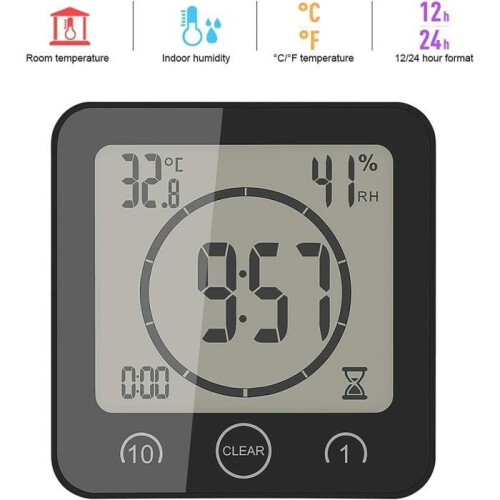 Badkamerklok, LCD digitale thermometer hygrometer, digitale douchetimer, wekker 1