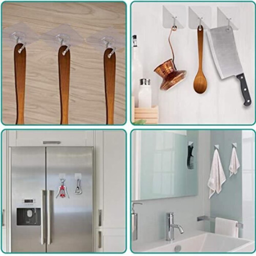 Hooks, 24 Strong and Transparent Adhesive Hooks for Kitchen, Bathroom (Transparent)
