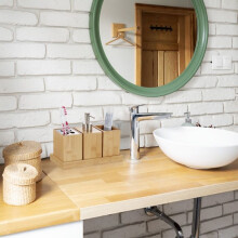 Relaxdays bathroom accessories, set of 4, bamboo, pump soap dispenser, toothbrush holder, bowl, natural