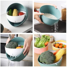 Afvoermand, dubbellaags draaibare keukenmand voor het wassen van rijst, plastic fruitwasmand, voor
