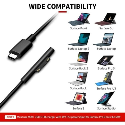 USB-C Charging Cable, Surface Connect to a USB-C Charging Cable for Microsoft Surface Pro X-7-6-5-4-3, Surface Laptop 2