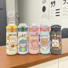 Portable Thermos Water Bottle with Straw for Children, Stainless Steel Thermal Mug, Pink 480ml