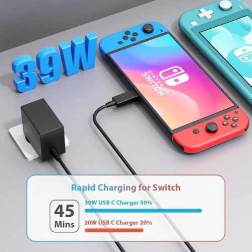 Switch Charger, 39W Fast Charger for Nintendo Switch Compatible with Switch/Switch OLED/Switch Lite/Switch Dock