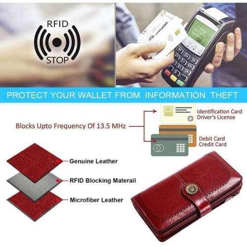 Damesportemonnee - Leer - RFID - 24 pasjes - Ritssluiting - Rood 1