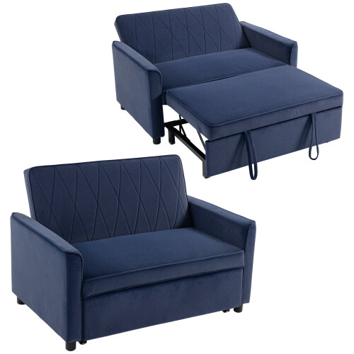 Homcom (Blue) HOMCOM 2 Seater Sofa Bed, 3-in-1 Velvet Pull Out Sleeper Sofa 1