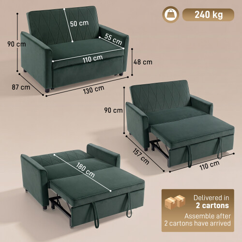 Homcom (Green) HOMCOM 2 Seater Sofa Bed, 3-in-1 Velvet Pull Out Sleeper Sofa 2