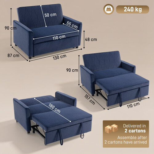 Homcom (Blue) HOMCOM 2 Seater Sofa Bed, 3-in-1 Velvet Pull Out Sleeper Sofa 2