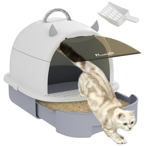 Kattenbak met deksel, schepje, bodemlade en instappedaal.