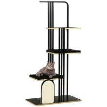 Katzenbaum, Industriedesign, 3 Plattformen, 2 Kissen, Kratzwand, Stahlrahmen, schwarz, 85 x 48 x 170 cm