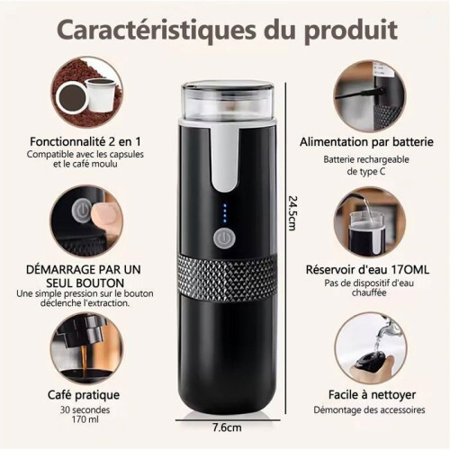 Macchina da caffè espresso portatile da 170 ml, nera, per caffè macinato e capsule, per casa, ufficio e auto. 1