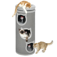Kratzbaum für Katzen, 96 cm, 4-stufig, mit waschbarem Bett, 3 Schlafhöhlen, Hängespielzeug, für mehrere Katzen, grau