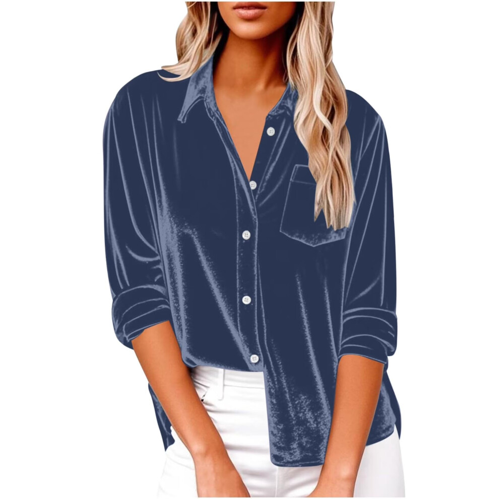 Blue Women's Elegant Lapel Neck Shirt Long Sleeve Button-Navy S