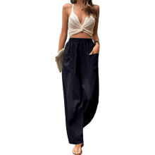 Womens Baggy Wide Leg Pants Casual Elastic Pants-Navy Blue L