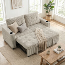 HOMCOM Corduroy Click Clack Sleeper Sofa with Pull Out Design, Cream White