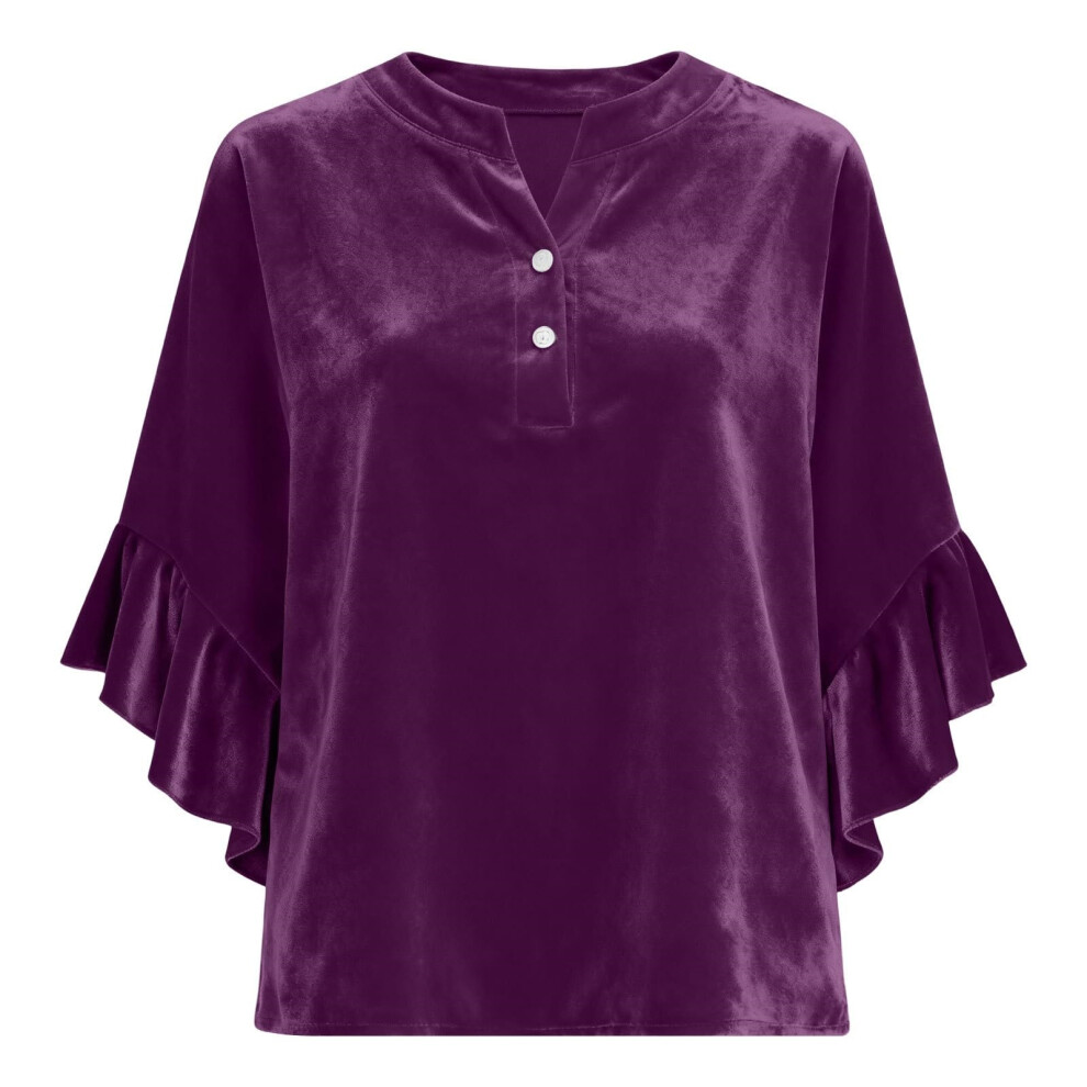 Purple Women's Top, Elegant V-Neck Long-Sleeved Pullover,- S