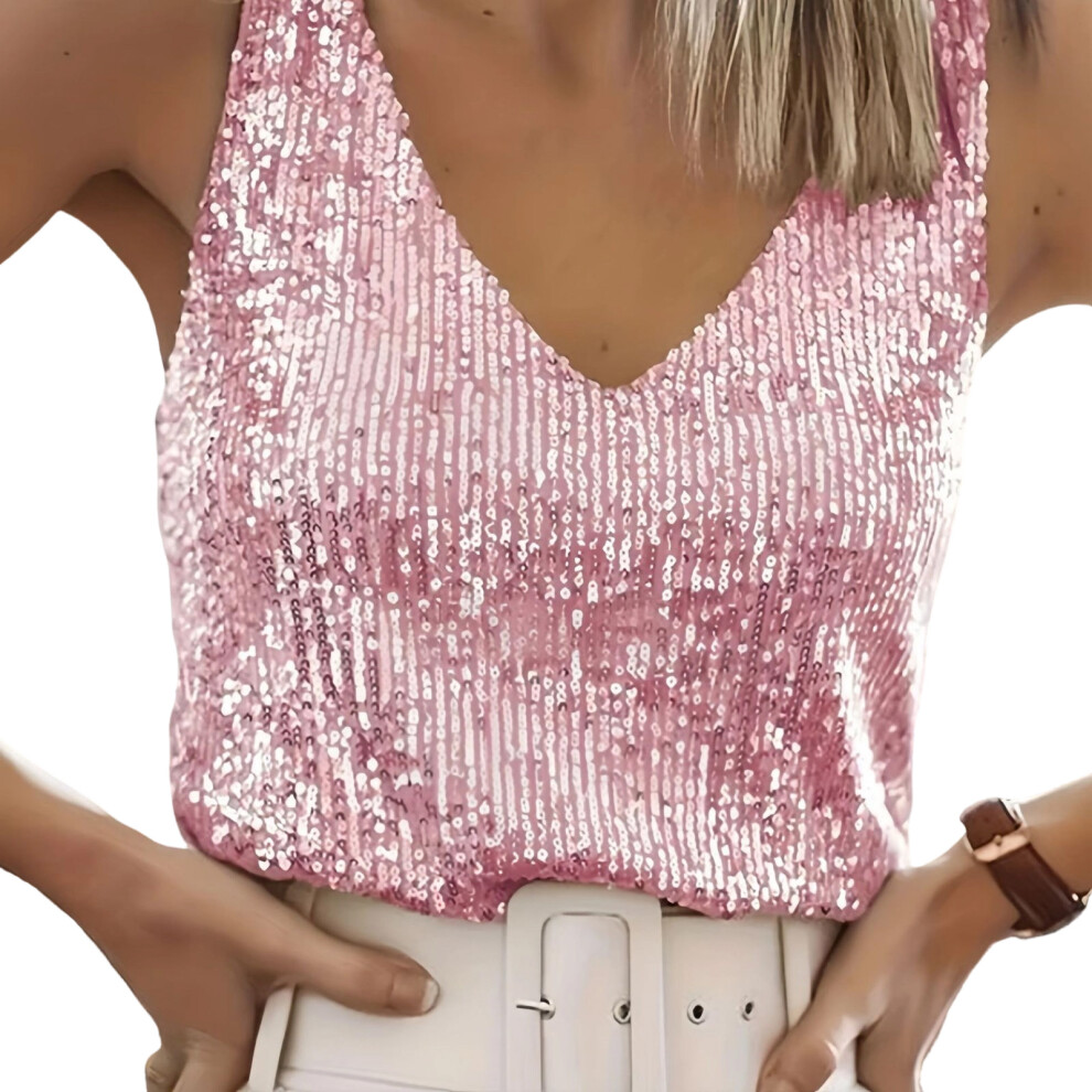 Pink Sequins V Neck Tank Tops Summer Sparkles Glitter Beach- L