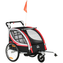 Kinderfahrradanhänger, 2-in-1, Joggerfunktion, wetterfeste Abdeckung, Stahlrahmen, rot+schwarz, 142 x 75 x 101 cm
