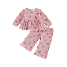 (4-5 Years, Pink) Toddler Girls Fall Outfits Scalloped Trim Floral Print Long Sleeve Tops and Elastic Pants Set 2 Piece Clothes