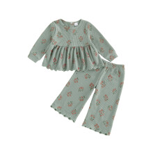 (12-18 Months, Green) Toddler Girls Fall Outfits Scalloped Trim Floral Print Long Sleeve Tops and Elastic Pants Set 2 Piece Clothes