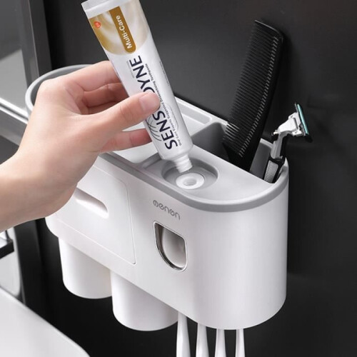 Automatic Toothpaste Dispenser - Wall Mounted - 4 Slots - 2 Cups - White 2
