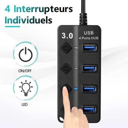 Διανομέας USB - ABURNUDREY - 4 θύρες USB 3.0 - Μεμονωμένα κουμπιά λειτουργίας - Plug and Play - Μαύρο 1