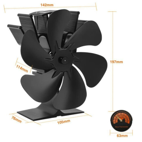 Stove Fan - Thermally Powered - With Thermometer - Black 1