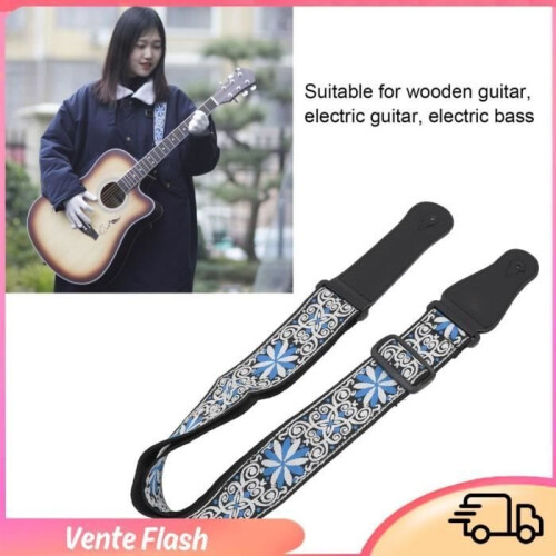 Guitar strap - DILWE - Embroidered leather - Comfortable - Adjustable - Blue 2