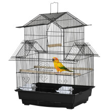 PawHut Vogelkäfig, Designerhaus mit Futterspender, Sitzstangen, 3 Türen, herausnehmbarer Kotwanne und Tragegriff, 50,5 x 41 x 63 cm, Schwarz