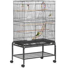 Vogelkäfig auf Rädern mit 4 Futterstellen und 3 Sitzstangen, 79 x 49 x 133 cm, schwarz