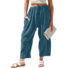 Womens Wide Leg Linen Pants Casual Drawstring-Lake blue XXL