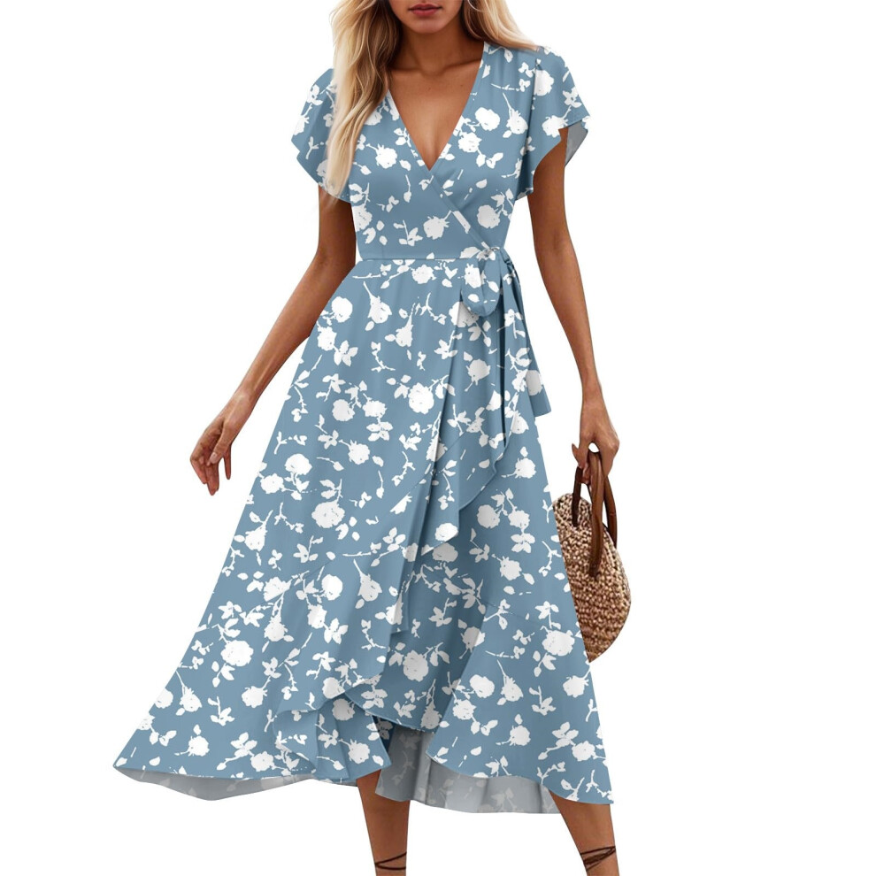 Women's Floral V-neck Short-sleeved Midi Dress, Retro-Blue L