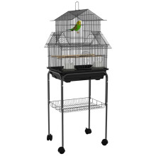 Designer-Vogelkäfig mit hausförmigen Futterstellen, Sitzstangen, 3 Türen, herausnehmbarer Kotwanne und Tragegriff; schwarz