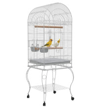 Vogelkäfig auf Rädern mit herausnehmbarem Regal, Tablett, 2 Näpfen, Sitzstange, Edelstahl, 51 x 51 x 153 cm, weiß