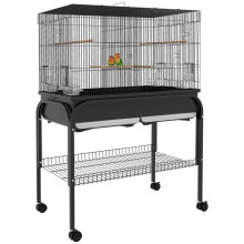 Großer Vogelkäfig, Papageienkäfig mit Rädern für Kakadus, Wellensittiche, Kanarienvögel und Papageien, 85 x 49 x 119 cm, schwarz