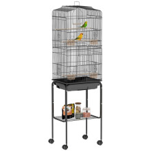 Vogelkäfig auf Ständer, fahrbare Vogelvoliere, Dach zum Öffnen, 3 Sitzstangen, untere Ablage, 46,5 x 36 x 157 cm, schwarz