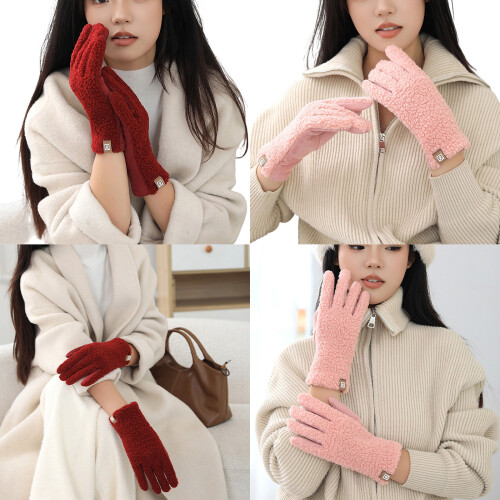 Winter-Wärme-Damen-Handschuhe, Lammfell-Imitation,-Kamel 1