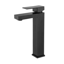 Rubinetto miscelatore monocomando extra alto nero per lavabo in acciaio inox, ideale per lavabi rialzati.