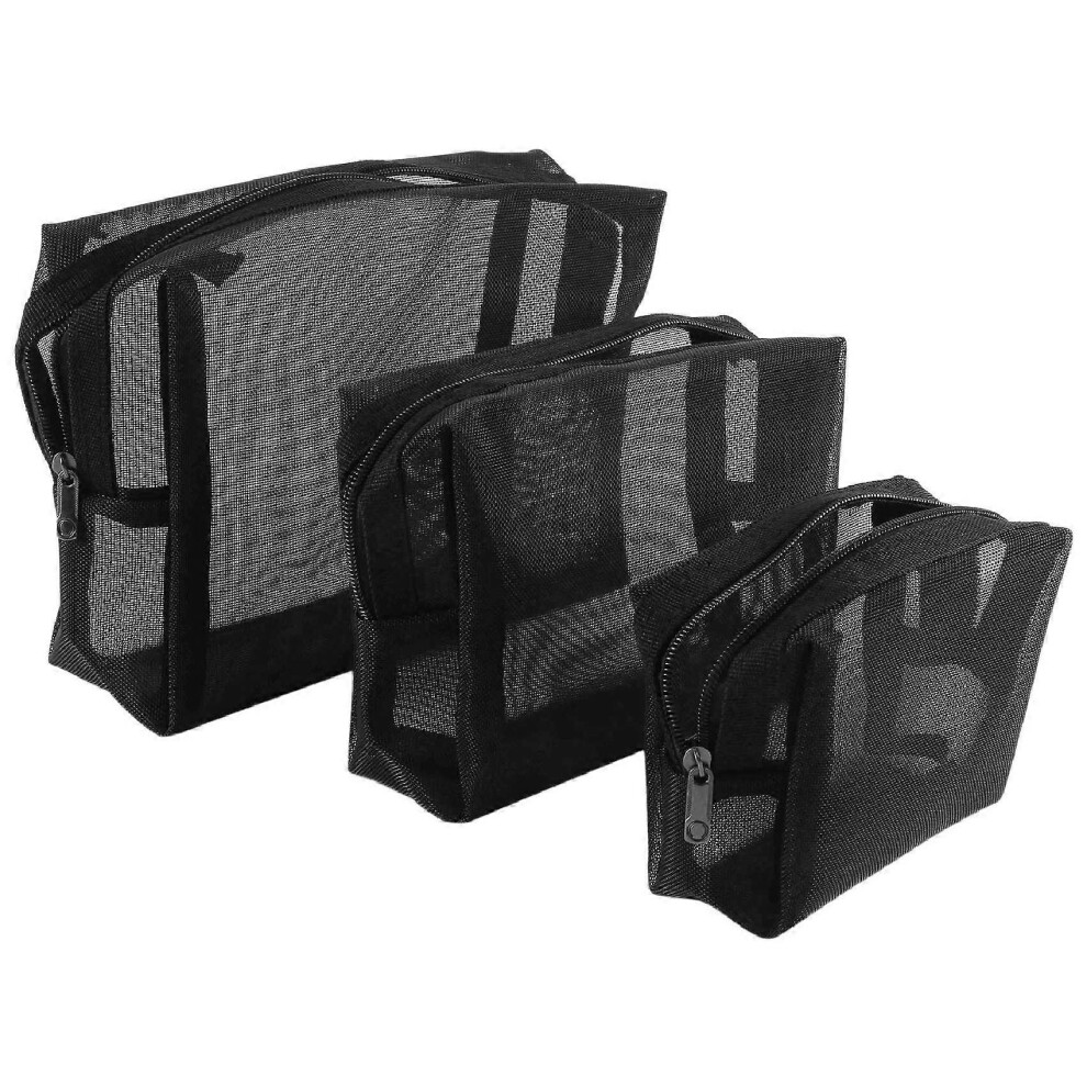 Black Mesh Makeup Bag See Through Zipper Pouch Travel Cosmetic And Toiletries Organizer Bags Pack Of 3 S M L