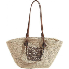 Große handgewebte Strohtasche für Damen, geräumige Strandtasche in Beige, 1 Stück