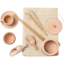 Sensory Bin Toys 9 Piece Wooden Set Fine Motor Learning Pretend Play Kitchen Tableware for Kids 3 Plus Years Old